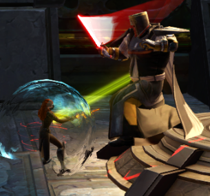 A player in their duel with a boss.