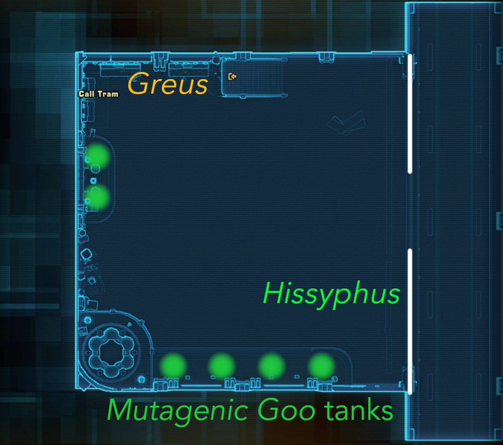 Positioning for the first 60 seconds. Greus is tanked under the stairs, Hissyphus near the tanks.